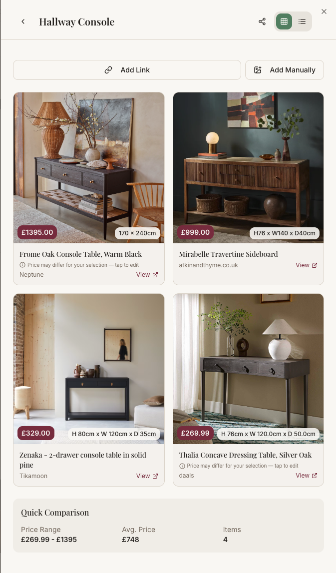 Tablis app showing a board of hallway console tables
